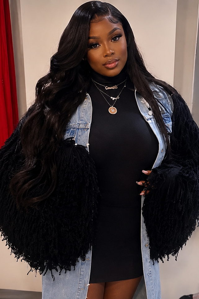 Black Luxe Fringe Denim Jackket